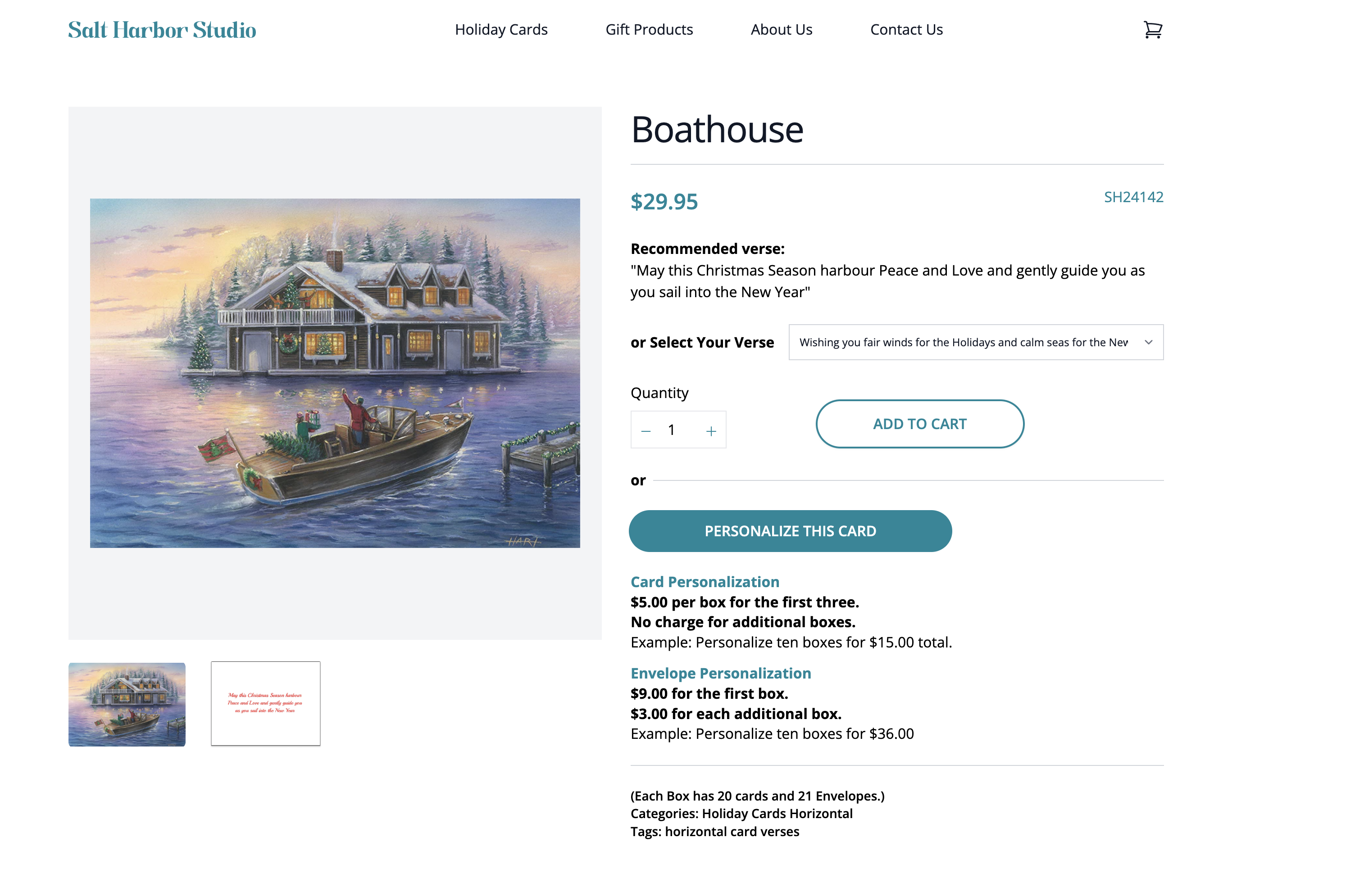 Salt Harbor Studio product page featuring a boathouse holiday card design with personalized message options for nautical Christmas stationery lovers.